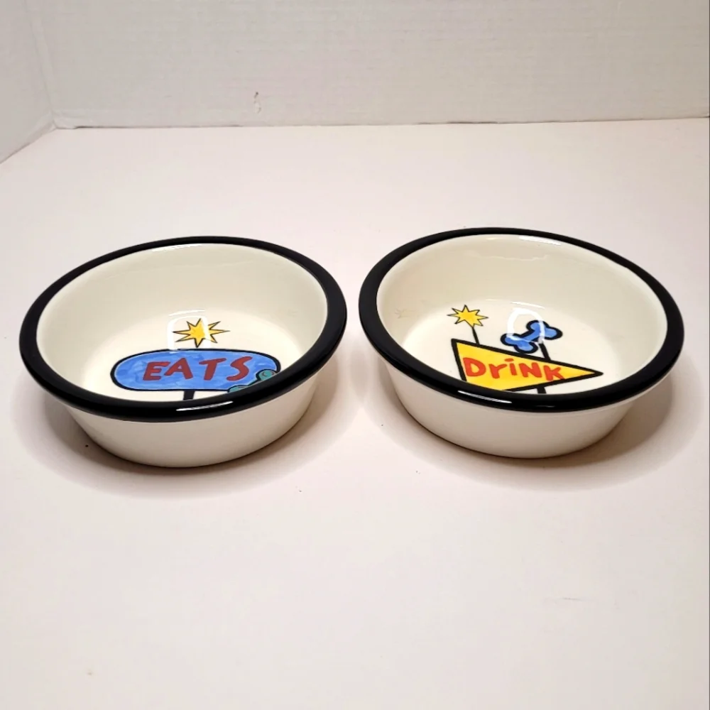 EAT and DRINK Set of 2 Ceramic Pet Food Bowls Handpainted Diner Decor Vibes RARE